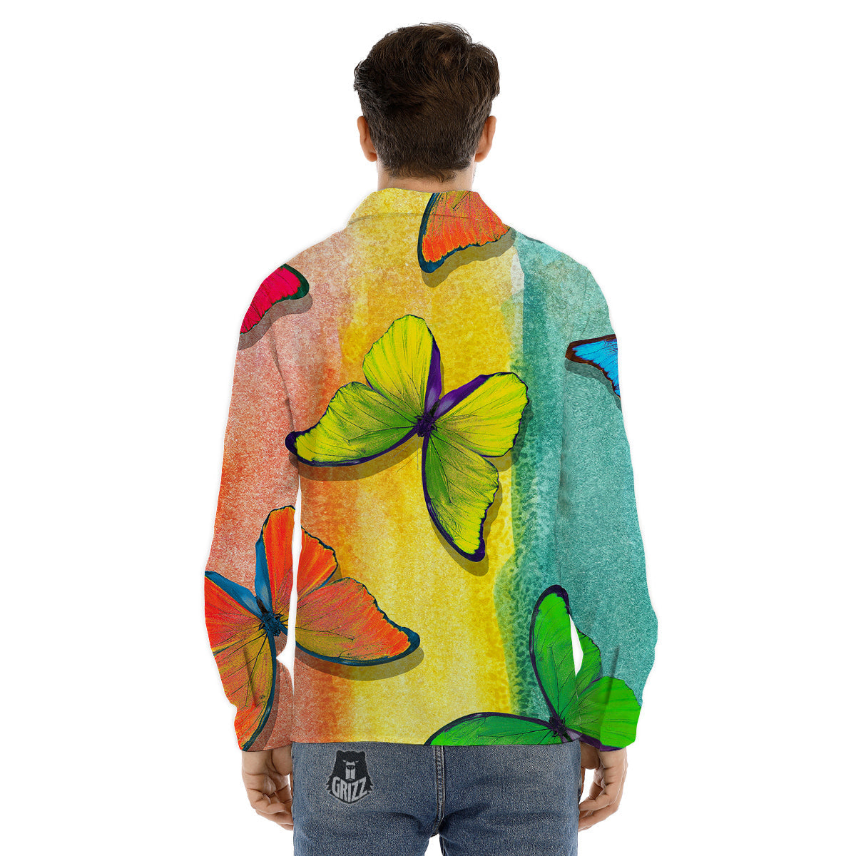 Butterfly Colorful Watercolor Print Men's Dress Shirts-grizzshop