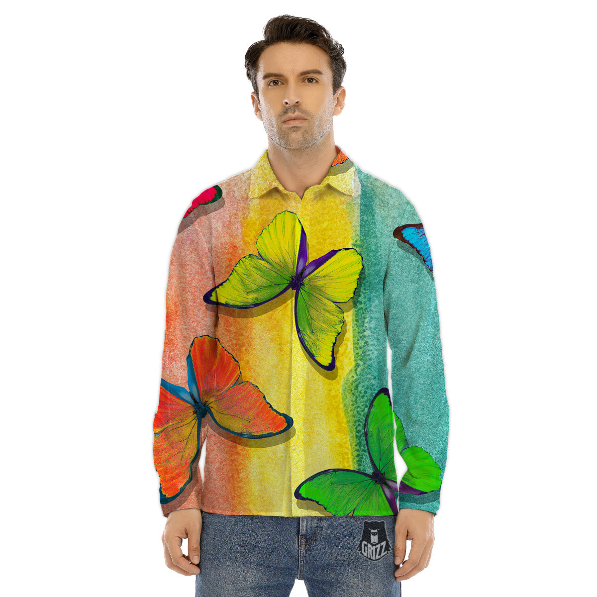Butterfly Colorful Watercolor Print Men's Dress Shirts-grizzshop