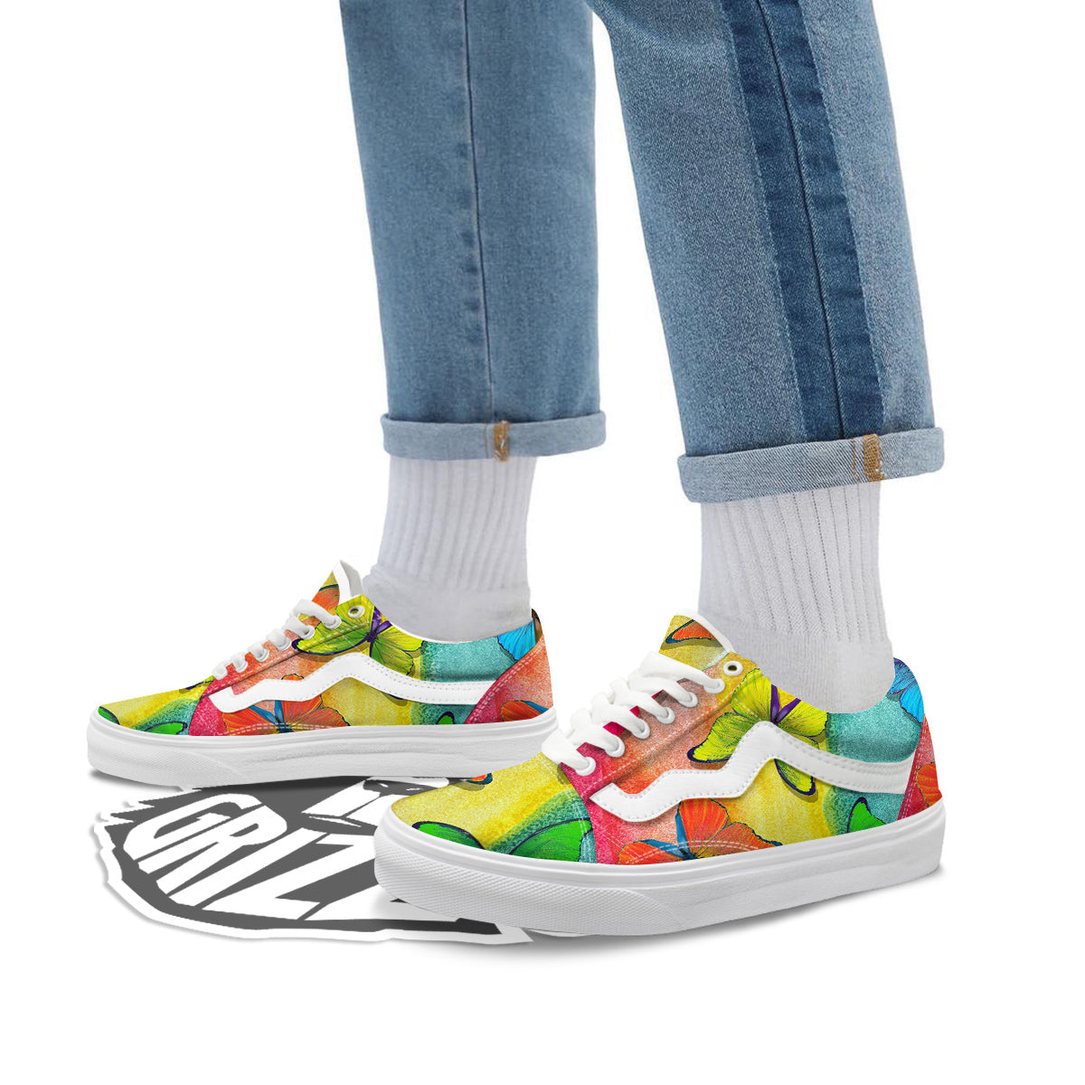 Butterfly Colorful Watercolor Print Skate Shoes-grizzshop