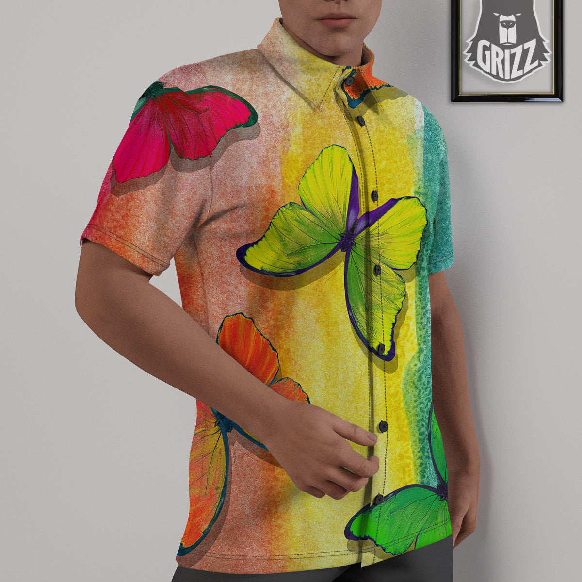 Butterfly Colorful Watercolor Print Untucked Shirts-grizzshop