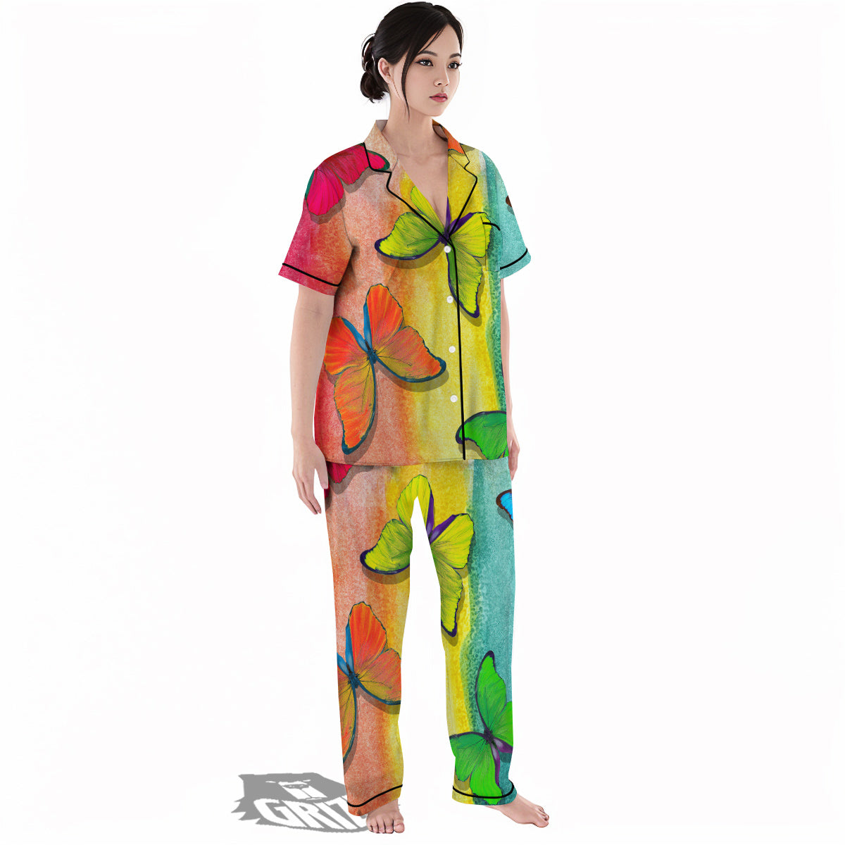 Butterfly Colorful Watercolor Print Women's Pajamas Set-grizzshop