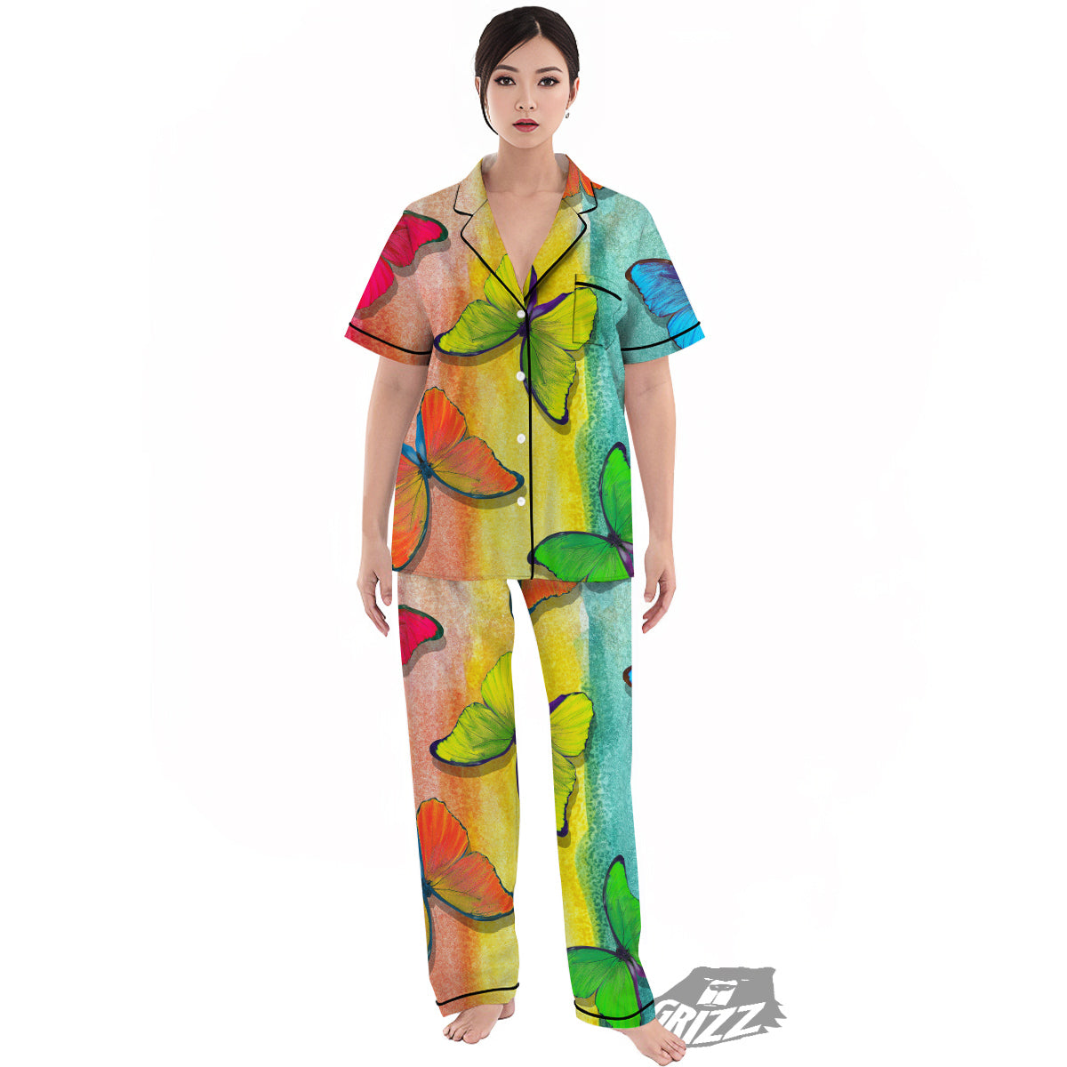 Butterfly Colorful Watercolor Print Women's Pajamas Set-grizzshop