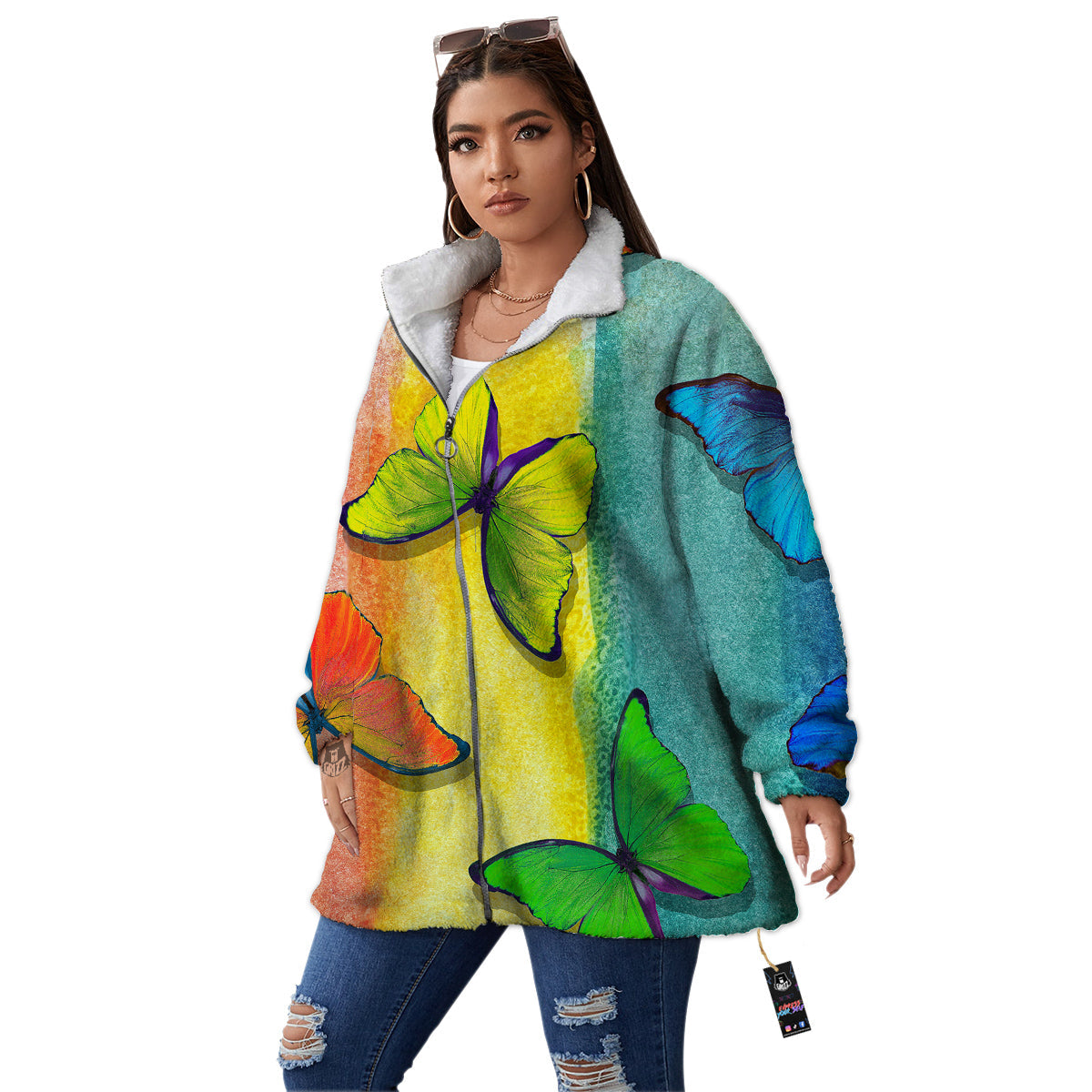 Butterfly Colorful Watercolor Print Women's Sherpa Jacket-grizzshop