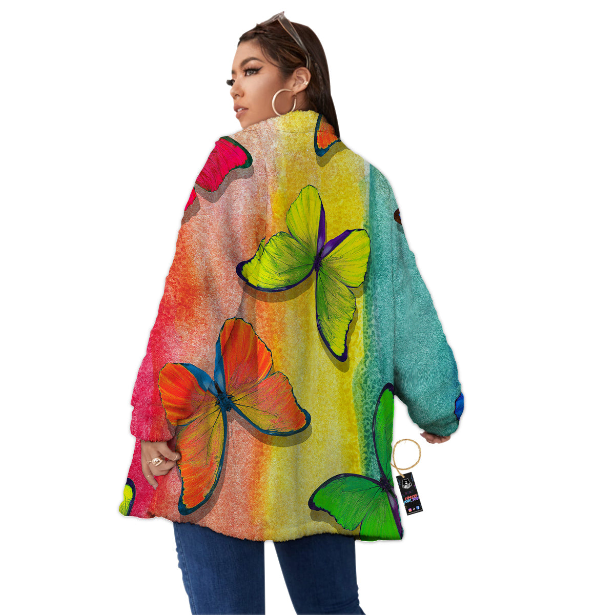 Butterfly Colorful Watercolor Print Women's Sherpa Jacket-grizzshop