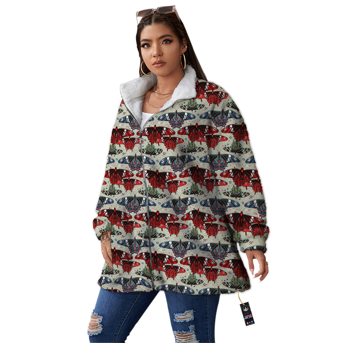 Butterfly Exotic Print Pattern Women's Sherpa Jacket-grizzshop