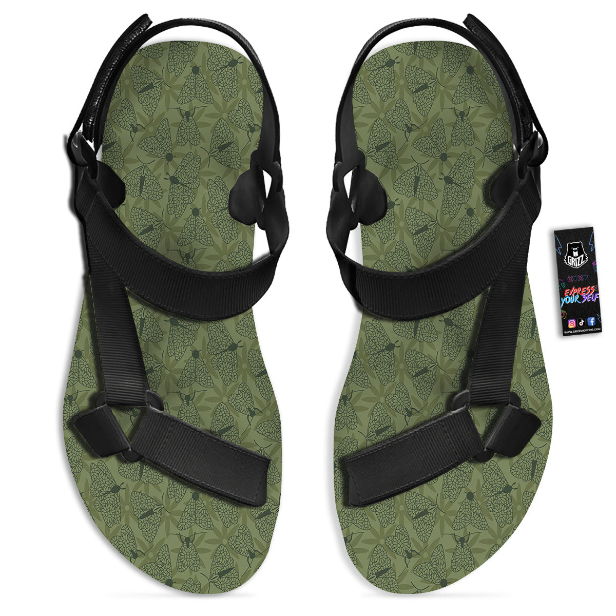 Butterfly Monarch Green Print Pattern Black Open Toe Sandals-grizzshop