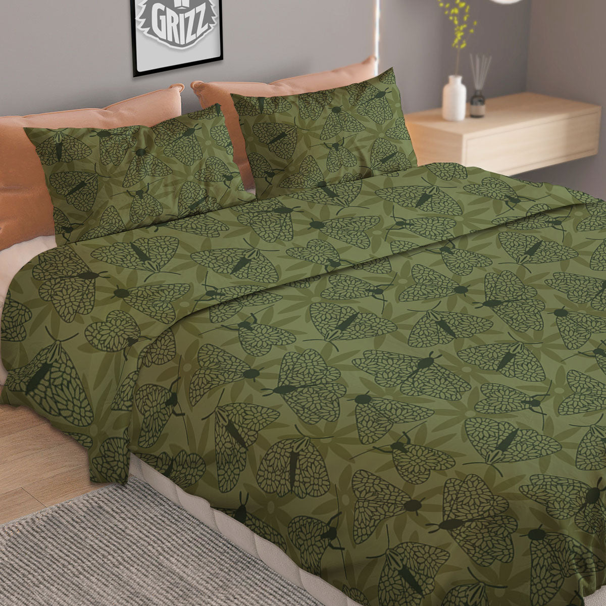 Butterfly Monarch Green Print Pattern Duvet Cover Bedding Set