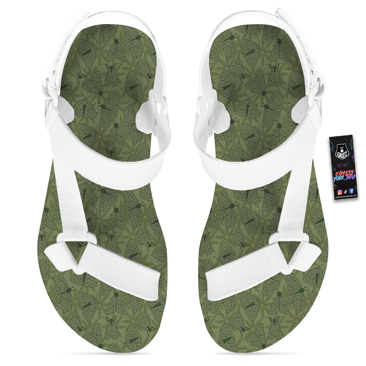 Butterfly Monarch Green Print Pattern White Open Toe Sandals-grizzshop