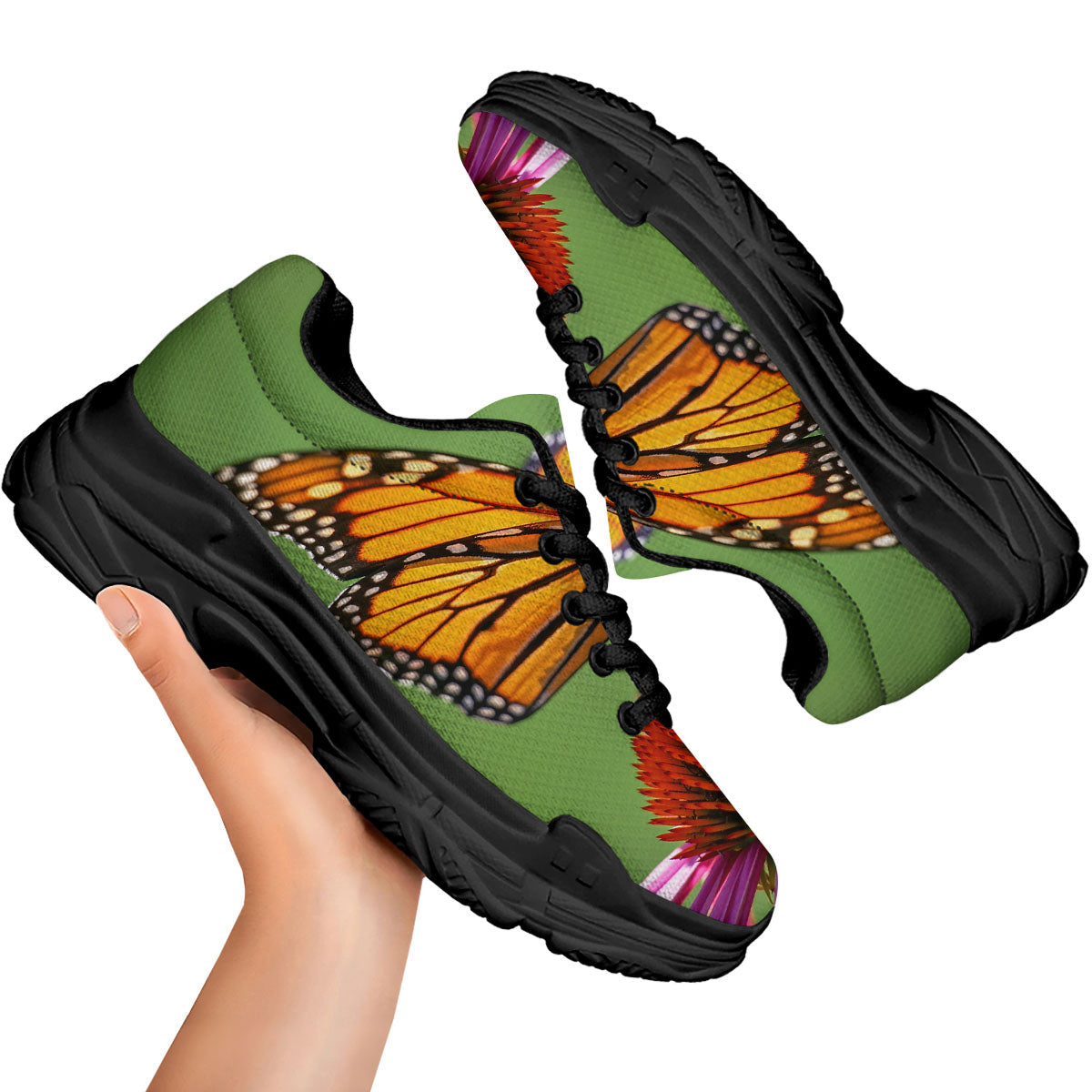 Butterfly Monarch Orange Print Black Chunky Shoes-grizzshop