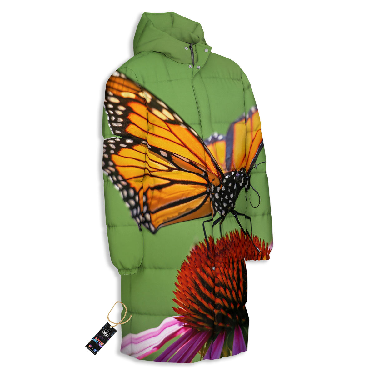 Butterfly Monarch Orange Print Long Down Jacket-grizzshop