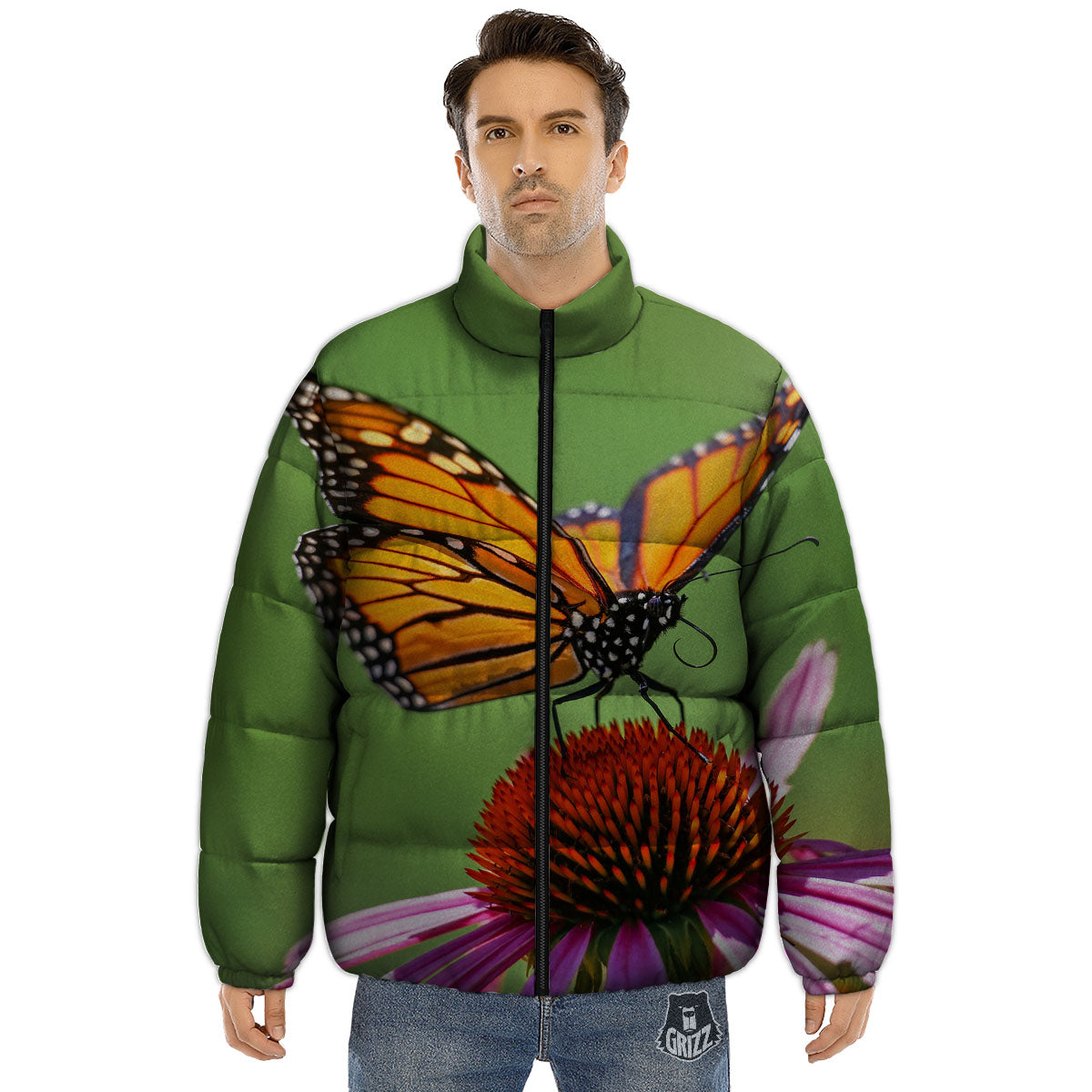 Butterfly Monarch Orange Print Puffer Jacket-grizzshop