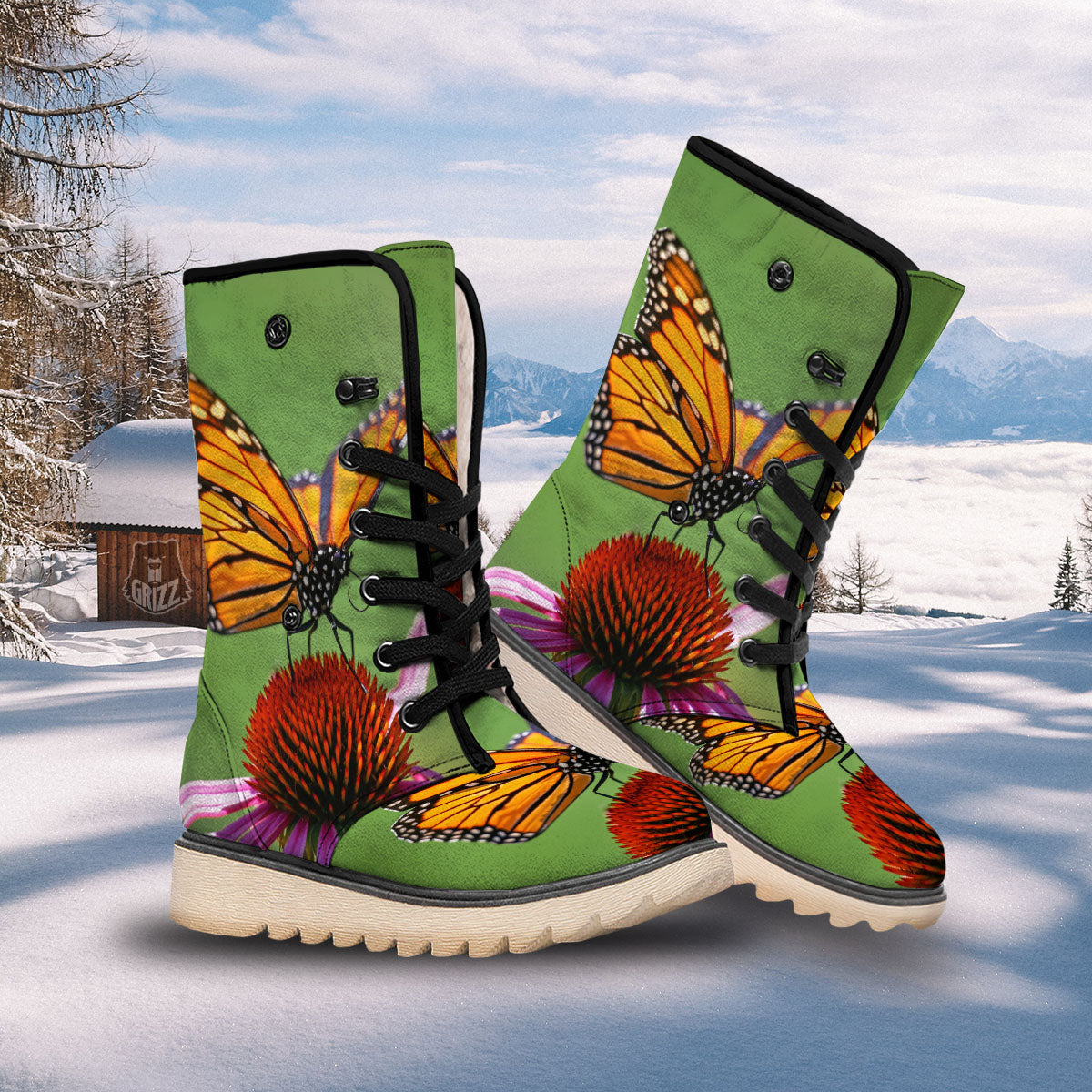 Butterfly Monarch Orange Print Snow Boots-grizzshop
