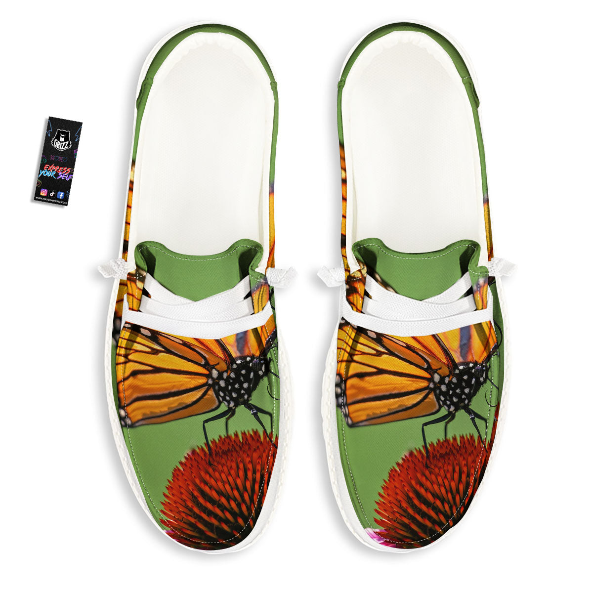 Butterfly Monarch Orange Print White Loafers-grizzshop