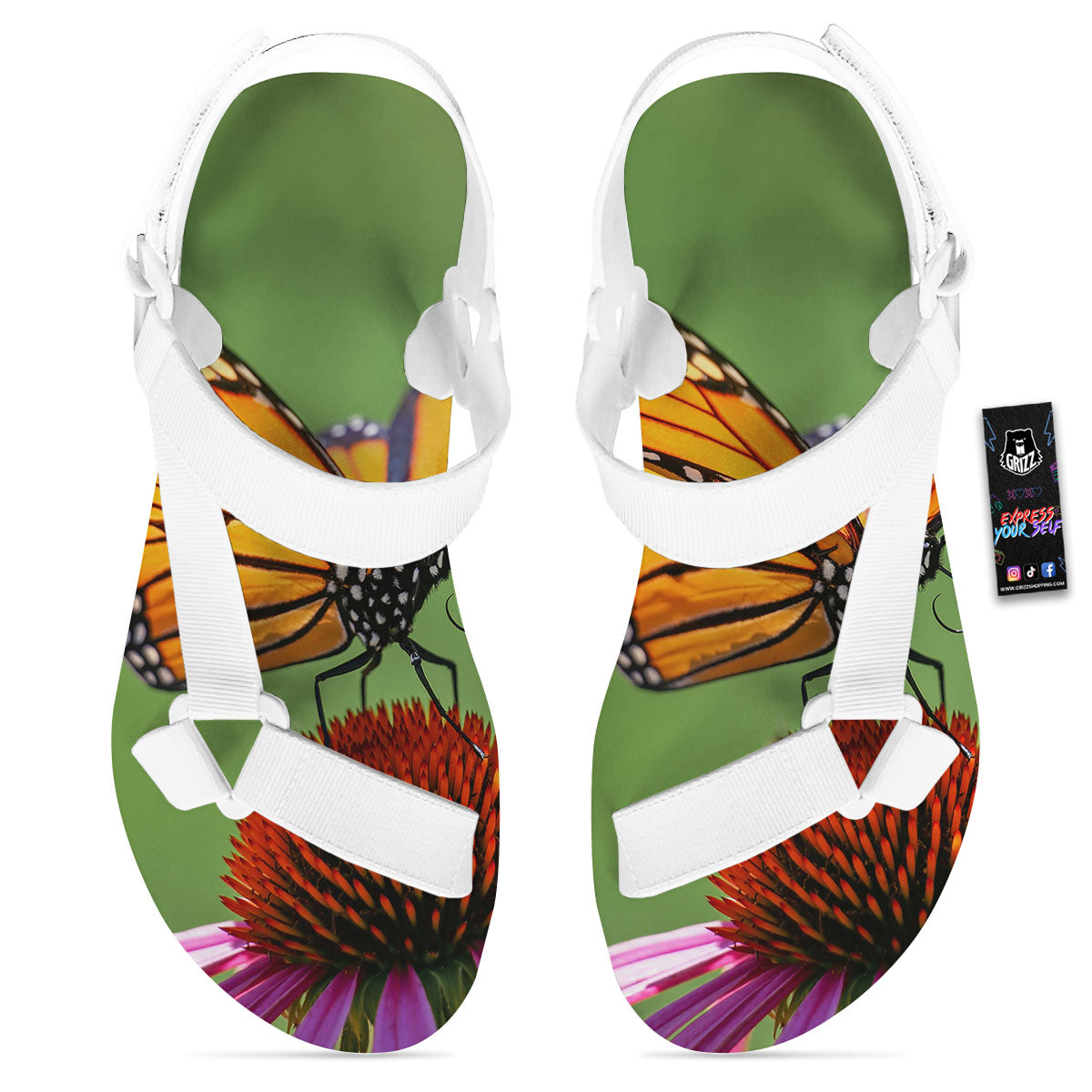 Butterfly Monarch Orange Print White Open Toe Sandals-grizzshop