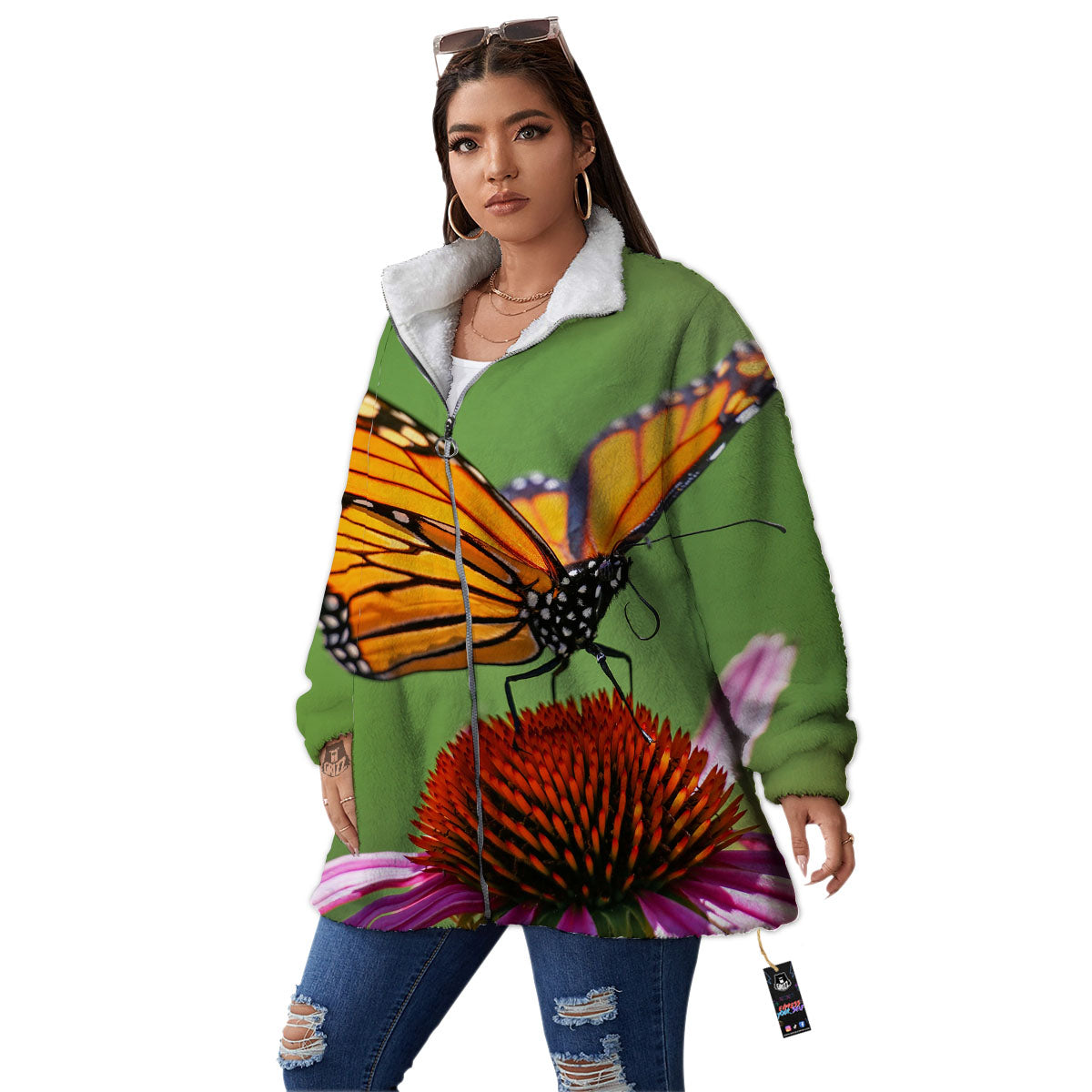 Butterfly Monarch Orange Print Women's Sherpa Jacket-grizzshop