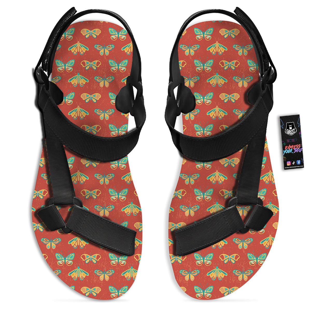 Butterfly Monarch Vintage Print Pattern Black Open Toe Sandals-grizzshop