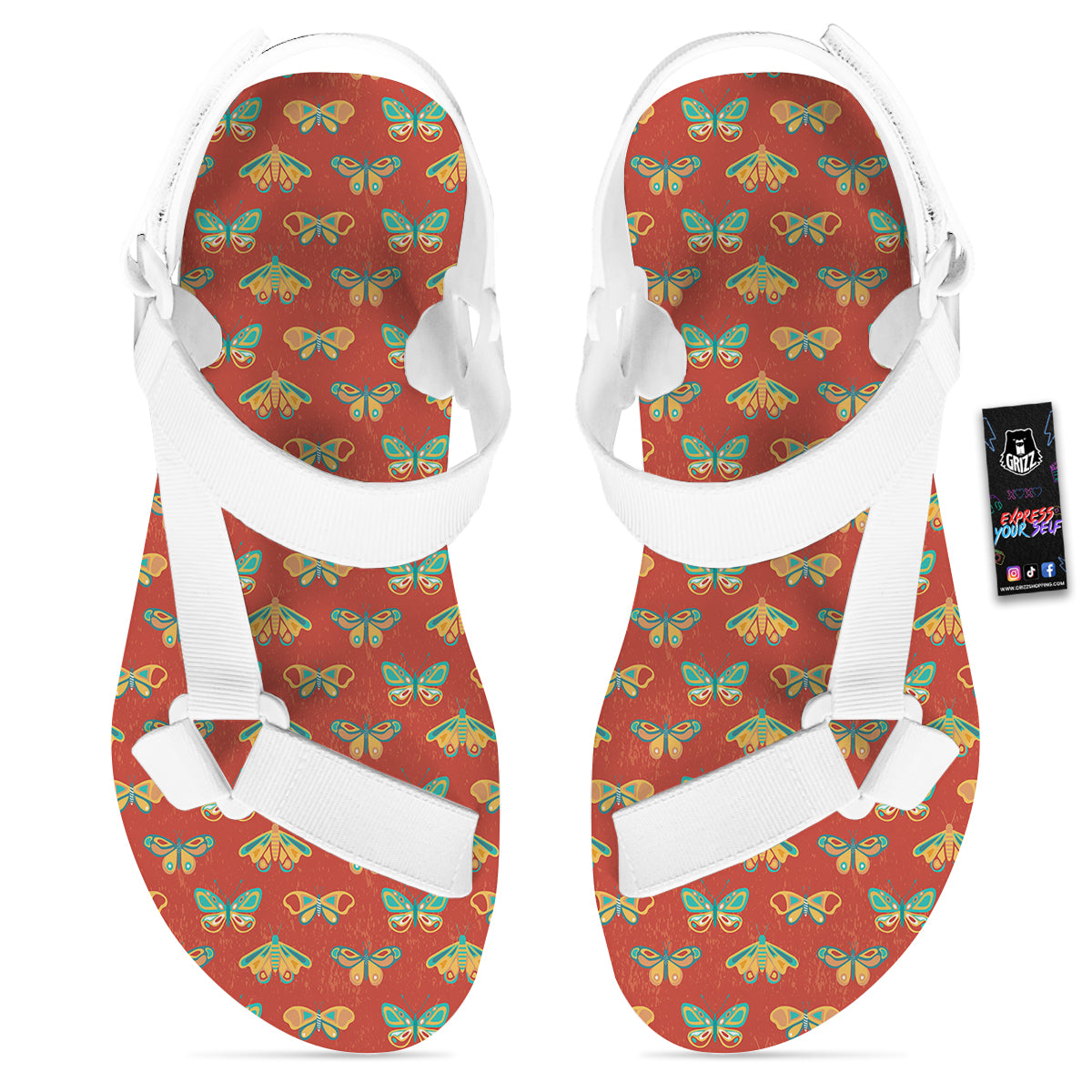 Butterfly Monarch Vintage Print Pattern White Open Toe Sandals-grizzshop
