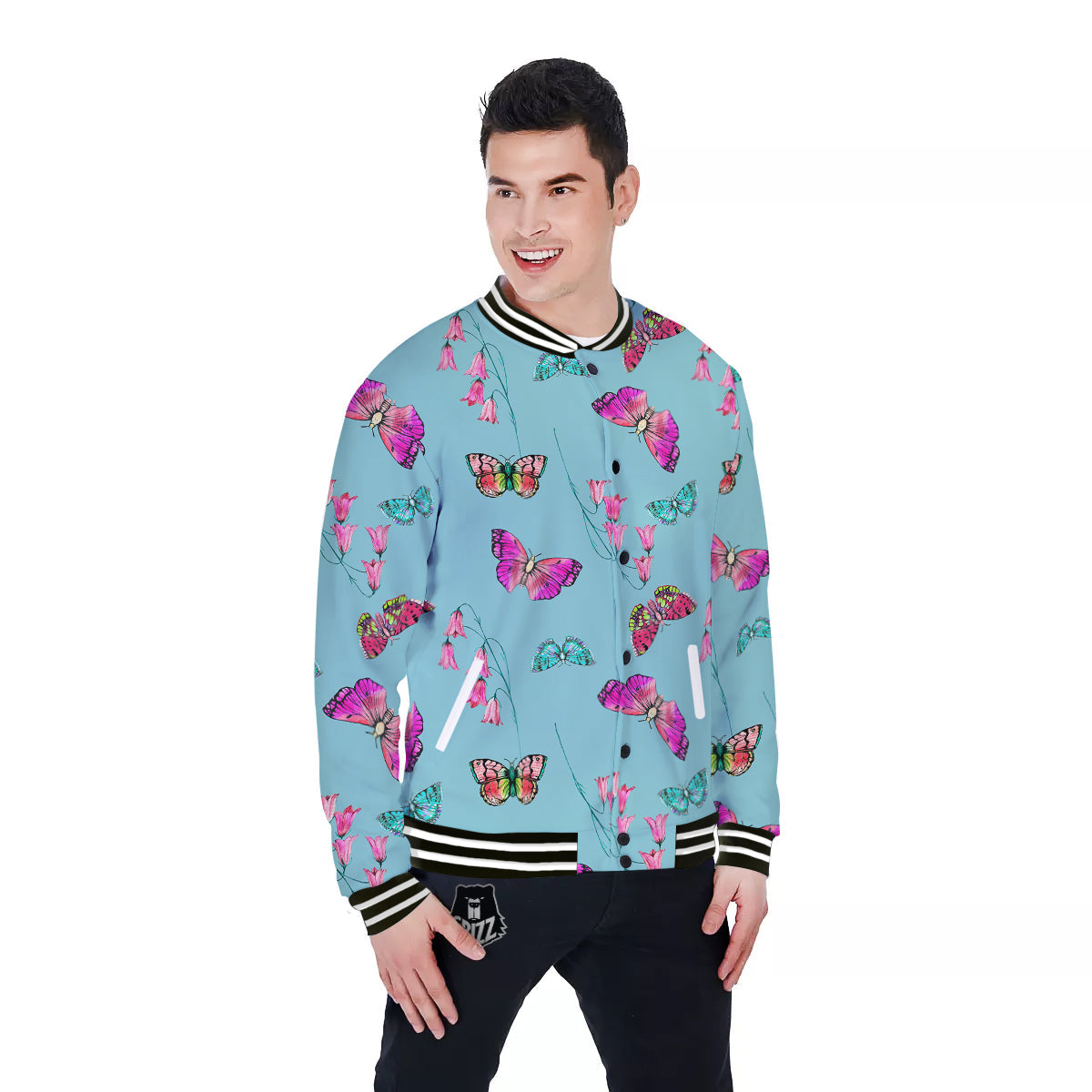 Butterfly Pink And Turquoise Print Pattern Baseball Jacket-grizzshop