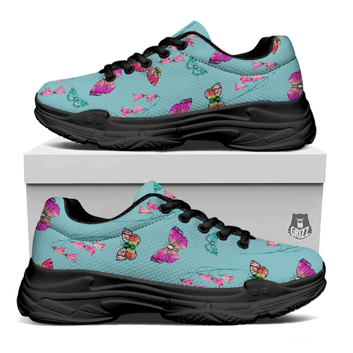 Butterfly Pink And Turquoise Print Pattern Black Chunky Shoes-grizzshop