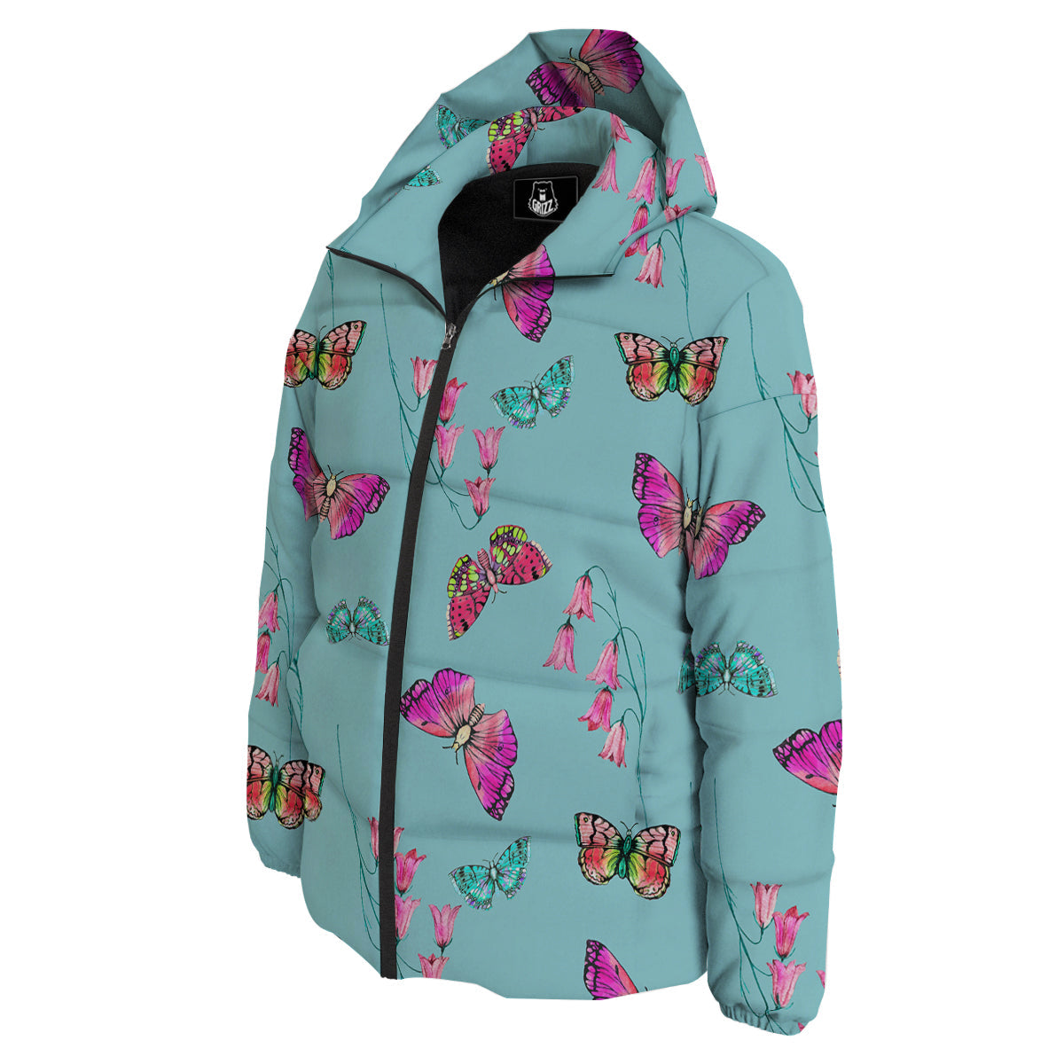 Butterfly Pink And Turquoise Print Pattern Down Jacket-grizzshop