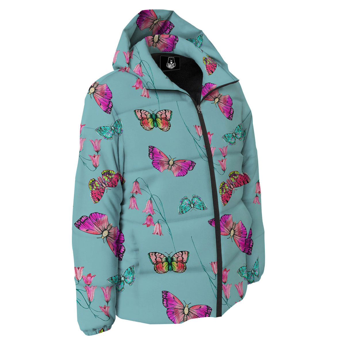 Butterfly Pink And Turquoise Print Pattern Down Jacket-grizzshop