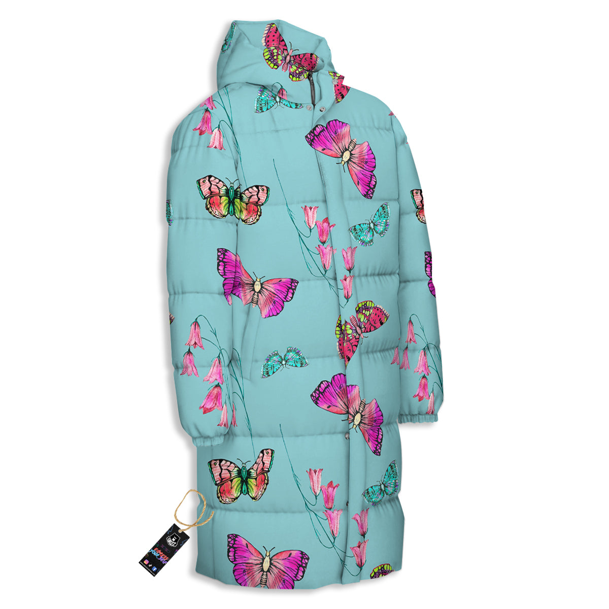 Butterfly Pink And Turquoise Print Pattern Long Down Jacket-grizzshop