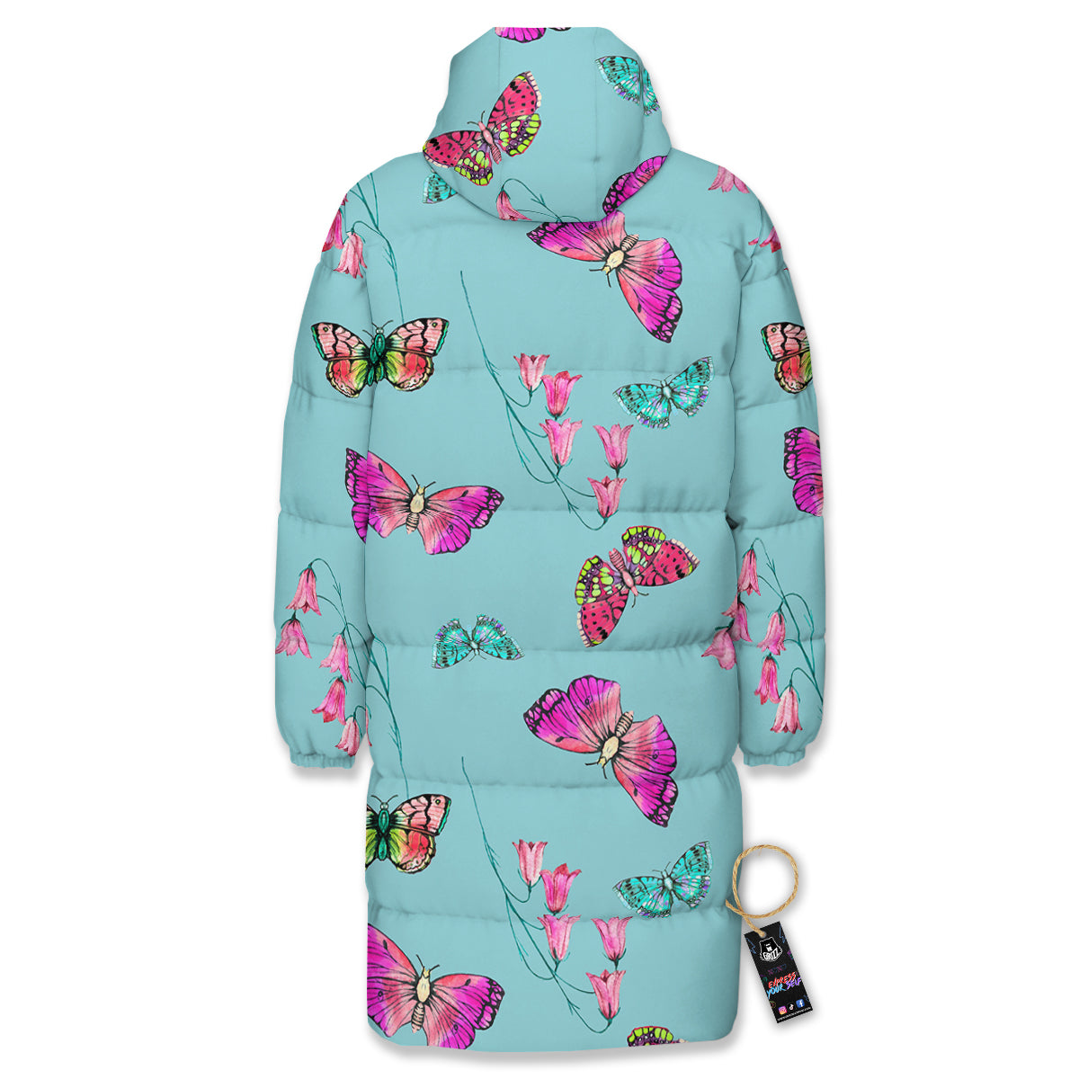 Butterfly Pink And Turquoise Print Pattern Long Down Jacket-grizzshop
