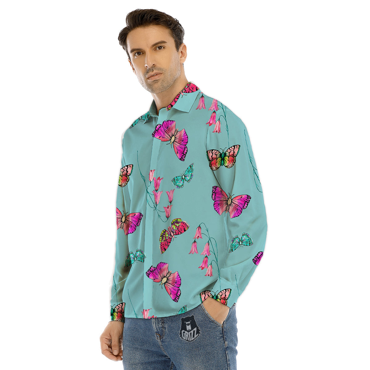 Butterfly Pink And Turquoise Print Pattern Men's Dress Shirts-grizzshop