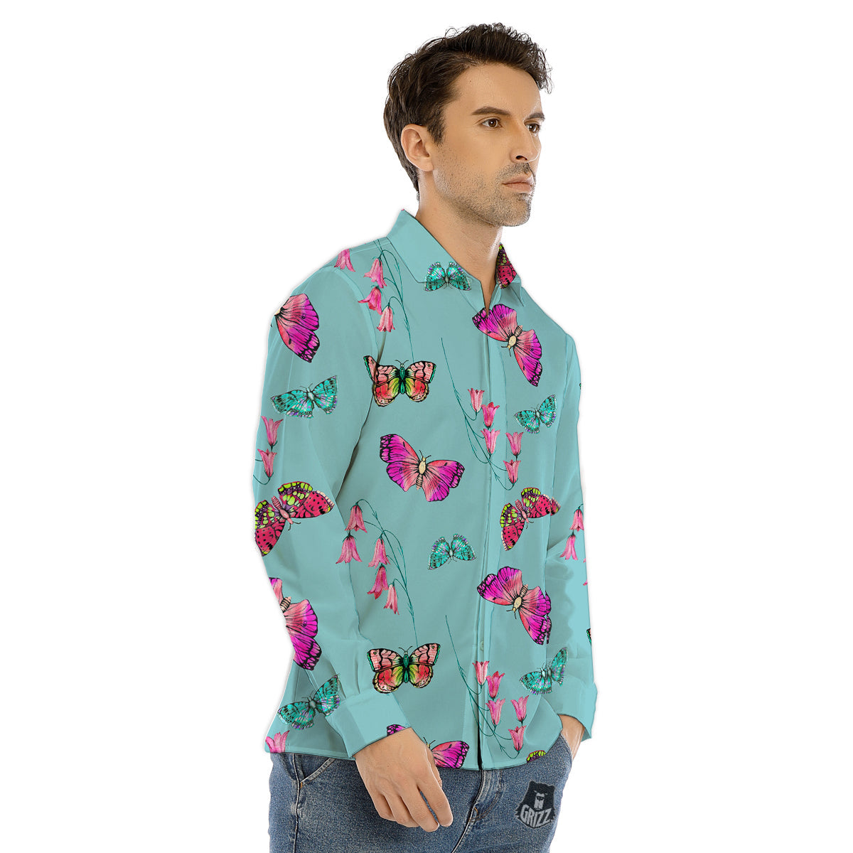 Butterfly Pink And Turquoise Print Pattern Men's Dress Shirts-grizzshop