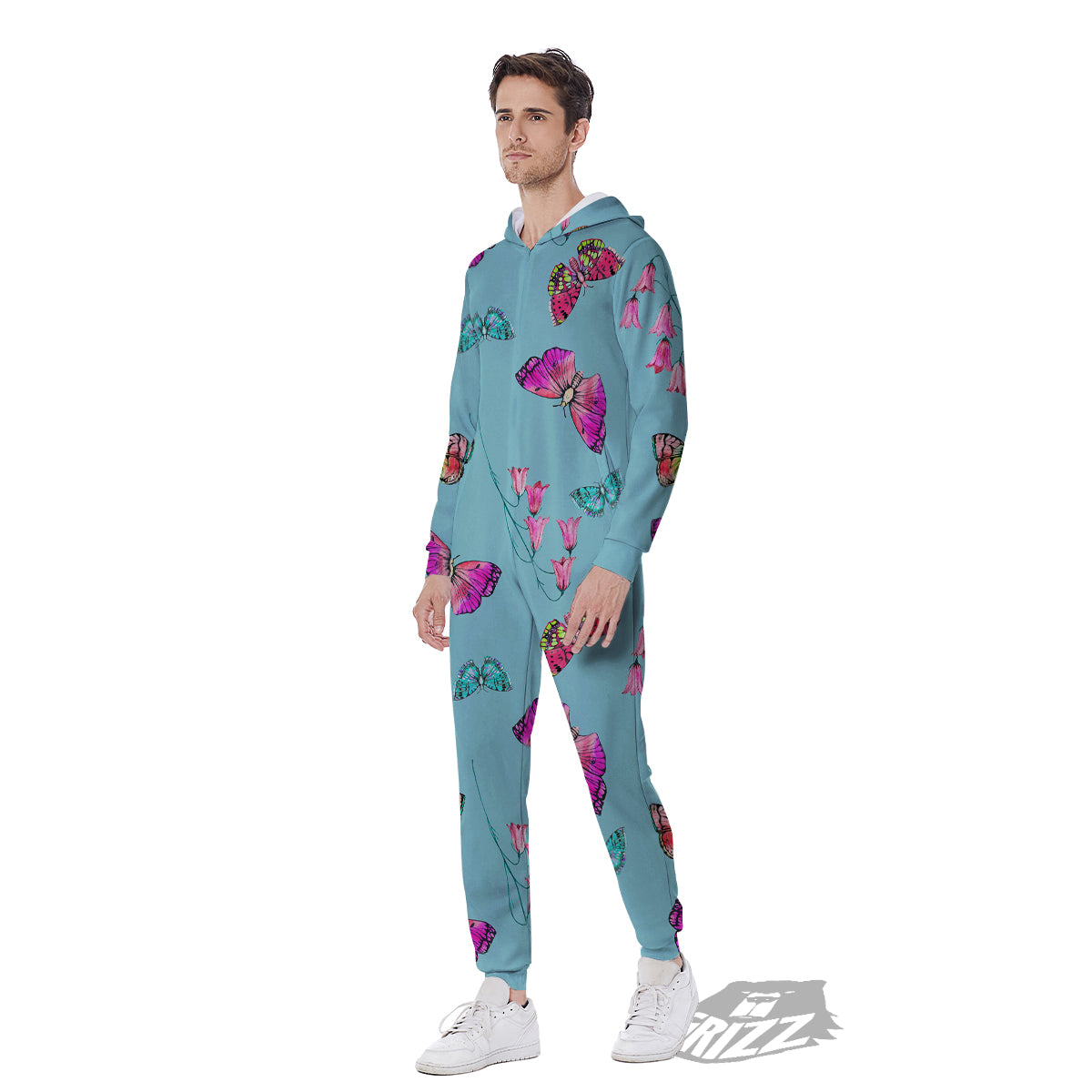 Butterfly Pink And Turquoise Print Pattern Men's Jumpsuit-grizzshop