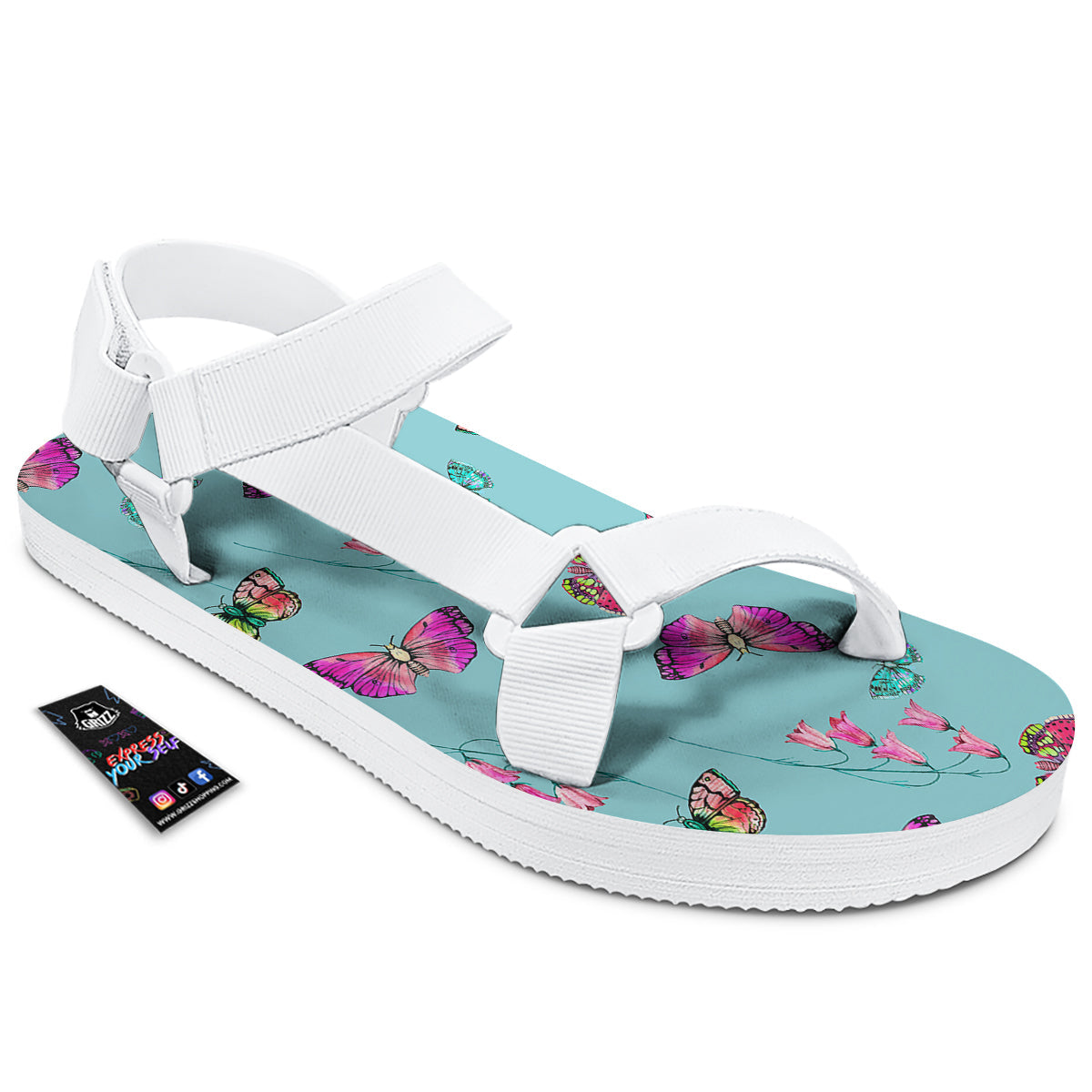 Butterfly Pink And Turquoise Print Pattern White Open Toe Sandals-grizzshop