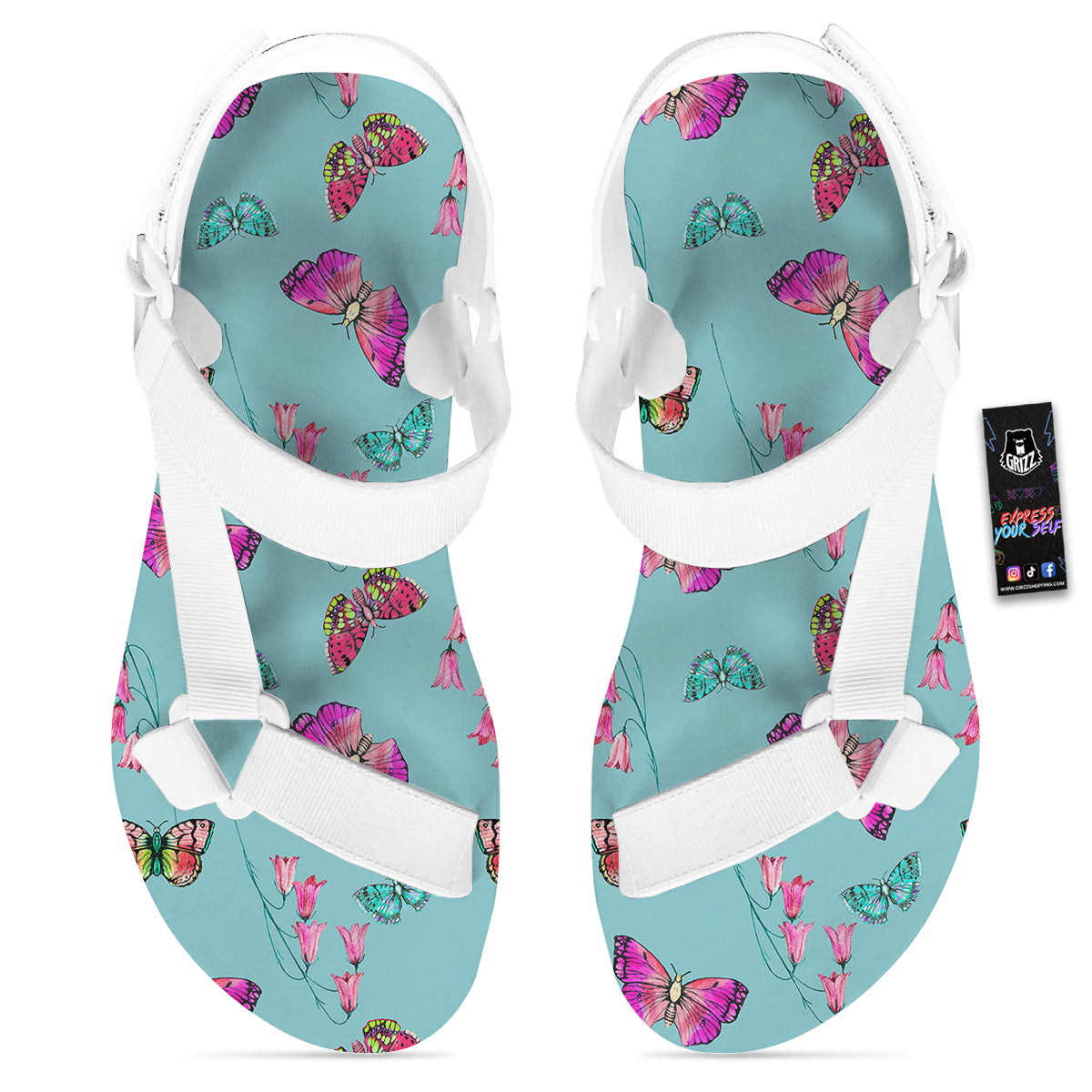 Butterfly Pink And Turquoise Print Pattern White Open Toe Sandals-grizzshop