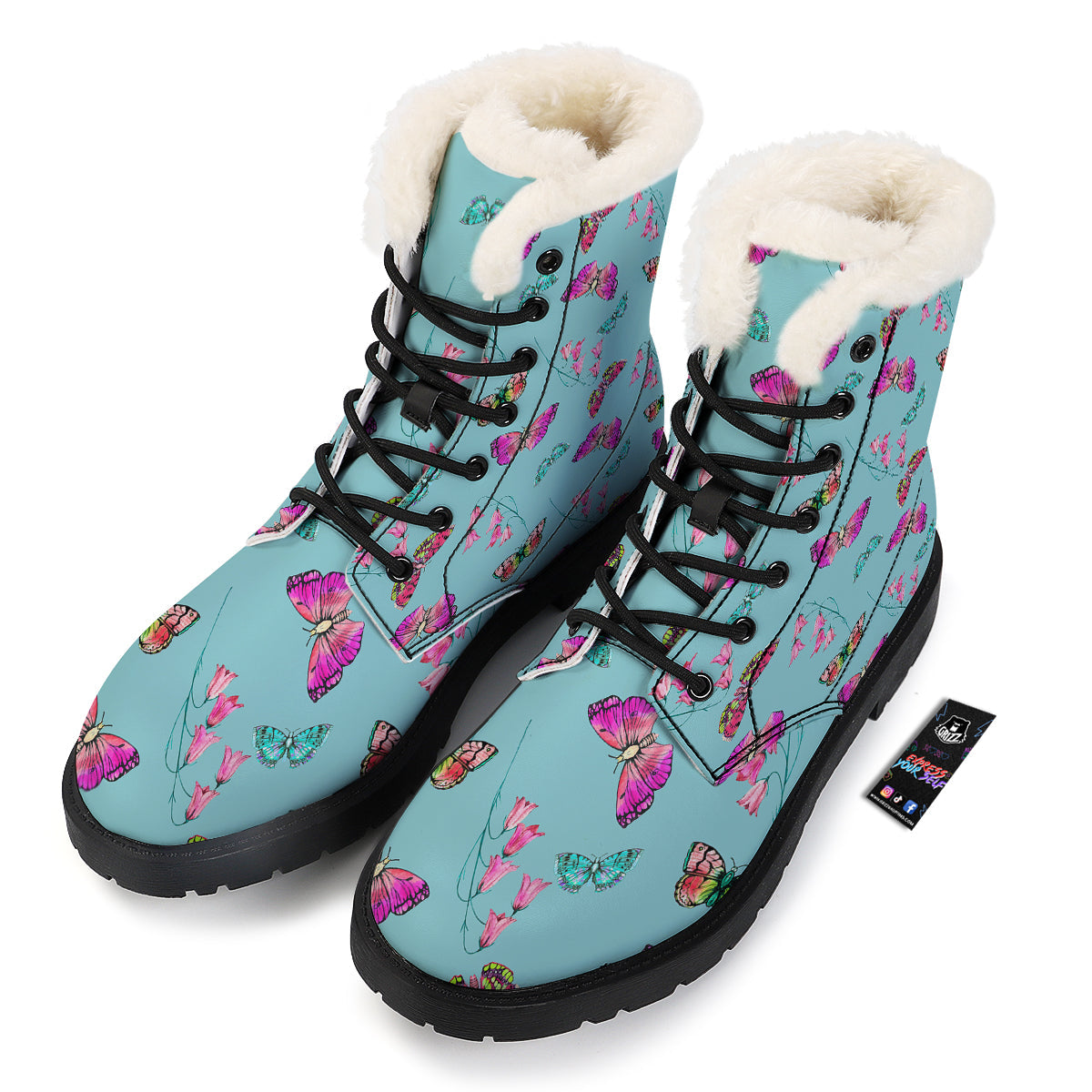 Butterfly Pink And Turquoise Print Pattern Winter Boots-grizzshop