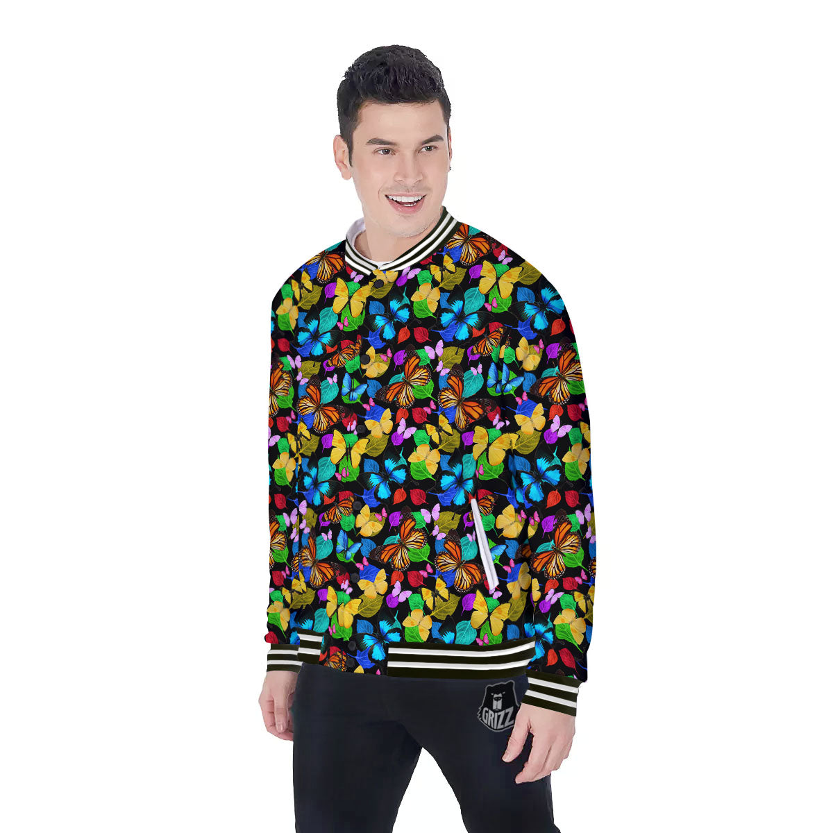 Butterfly Rainbow Print Pattern Baseball Jacket-grizzshop