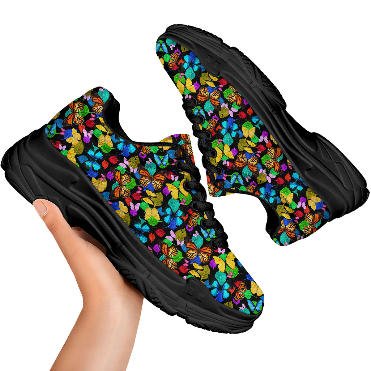 Butterfly Rainbow Print Pattern Black Chunky Shoes-grizzshop