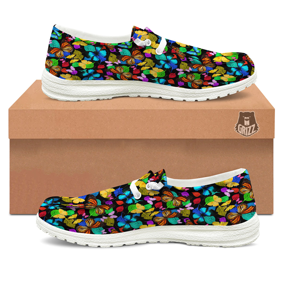 Butterfly Rainbow Print Pattern Black Loafers-grizzshop