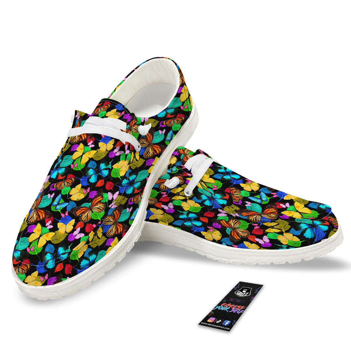 Butterfly Rainbow Print Pattern Black Loafers-grizzshop