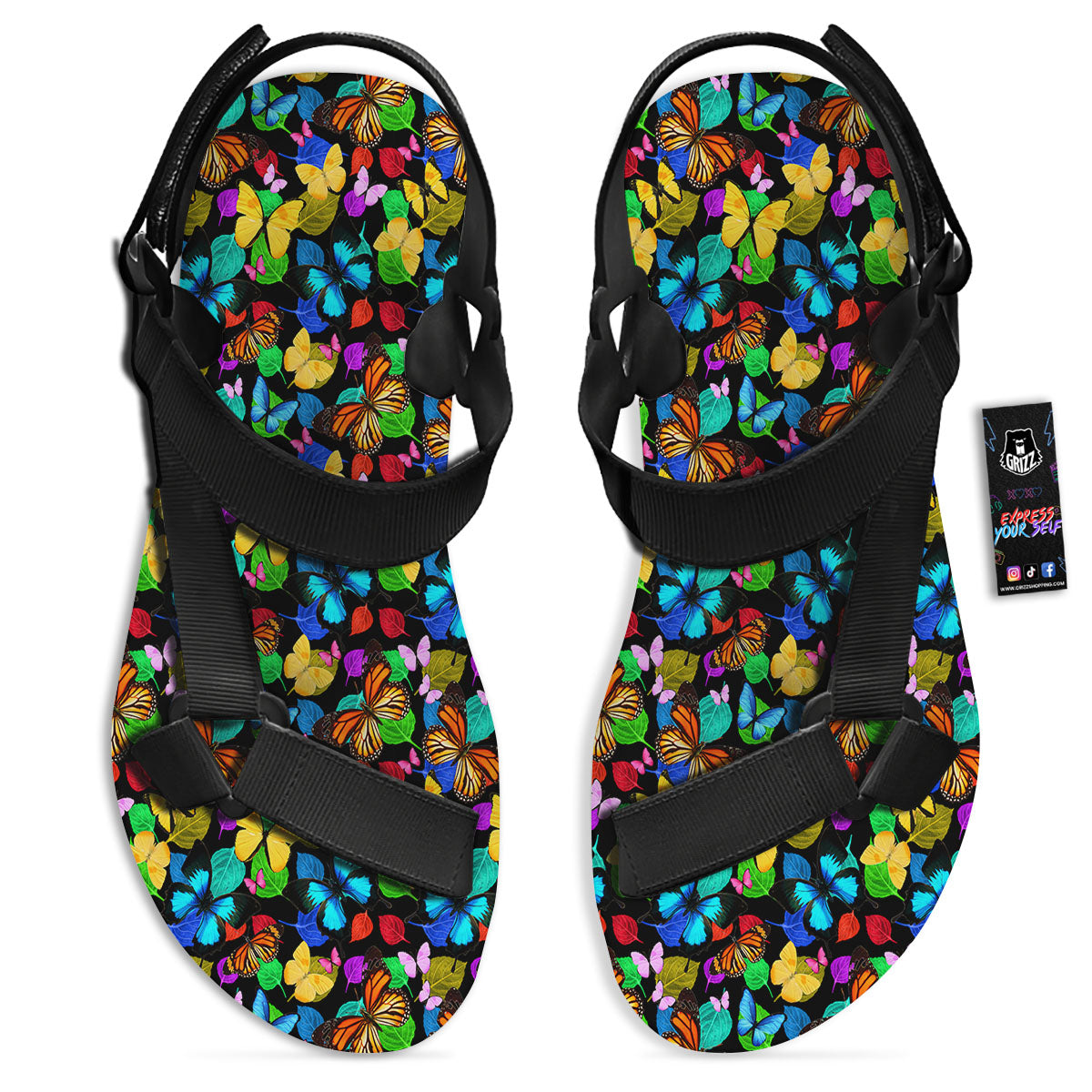 Butterfly Rainbow Print Pattern Black Open Toe Sandals-grizzshop