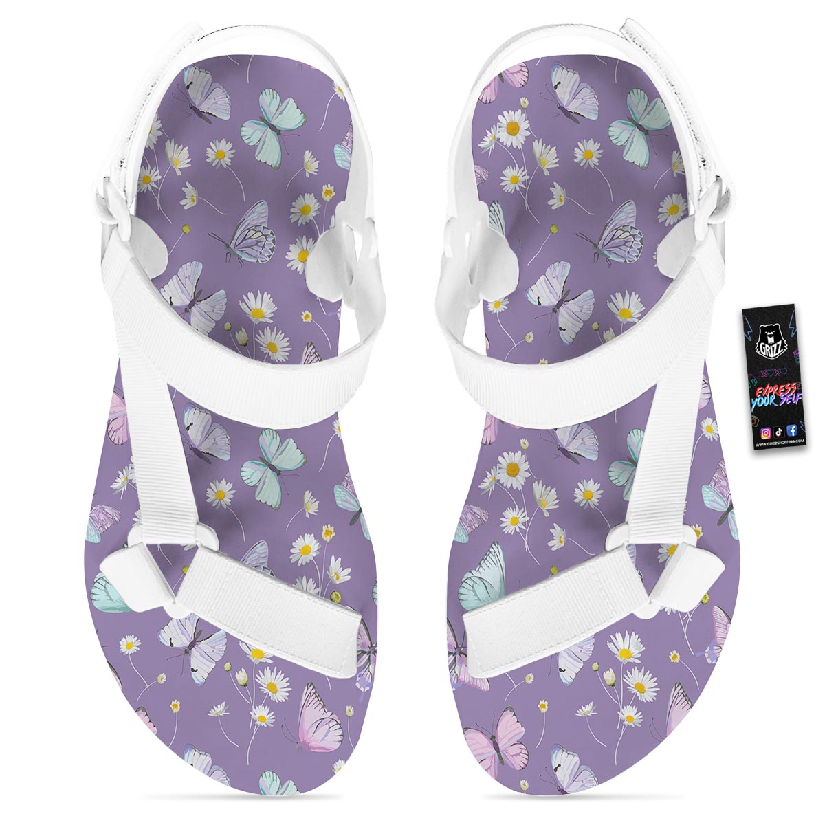 Butterfly Spring Print Pattern White Open Toe Sandals-grizzshop