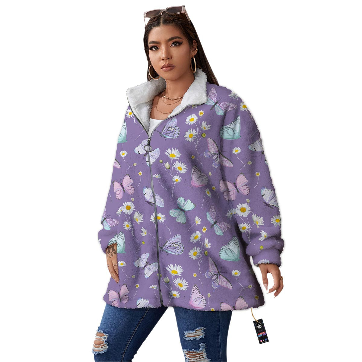 Butterfly Spring Print Pattern Women's Sherpa Jacket-grizzshop
