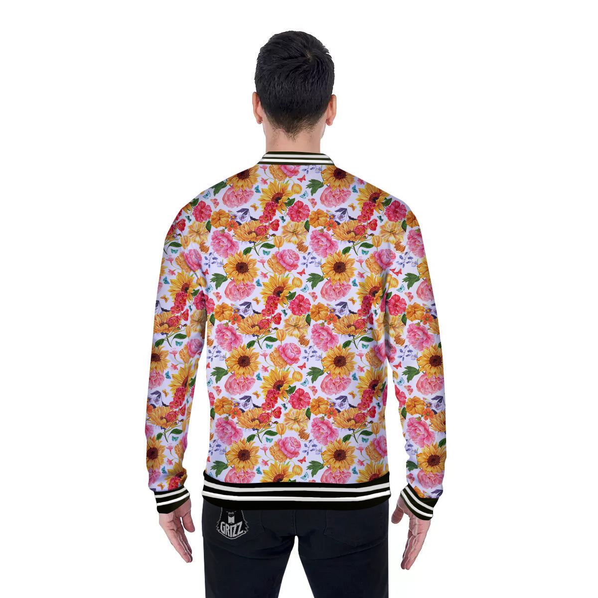 Butterfly Sunflowers Peonies Print Pattern Baseball Jacket-grizzshop