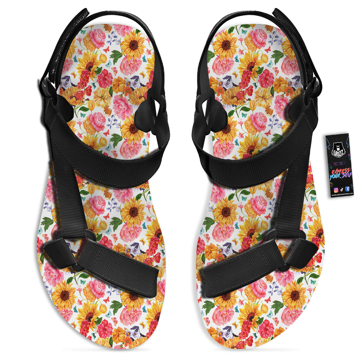 Butterfly Sunflowers Peonies Print Pattern Black Open Toe Sandals-grizzshop