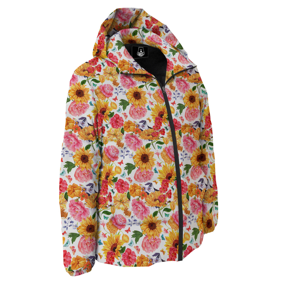 Butterfly Sunflowers Peonies Print Pattern Down Jacket-grizzshop