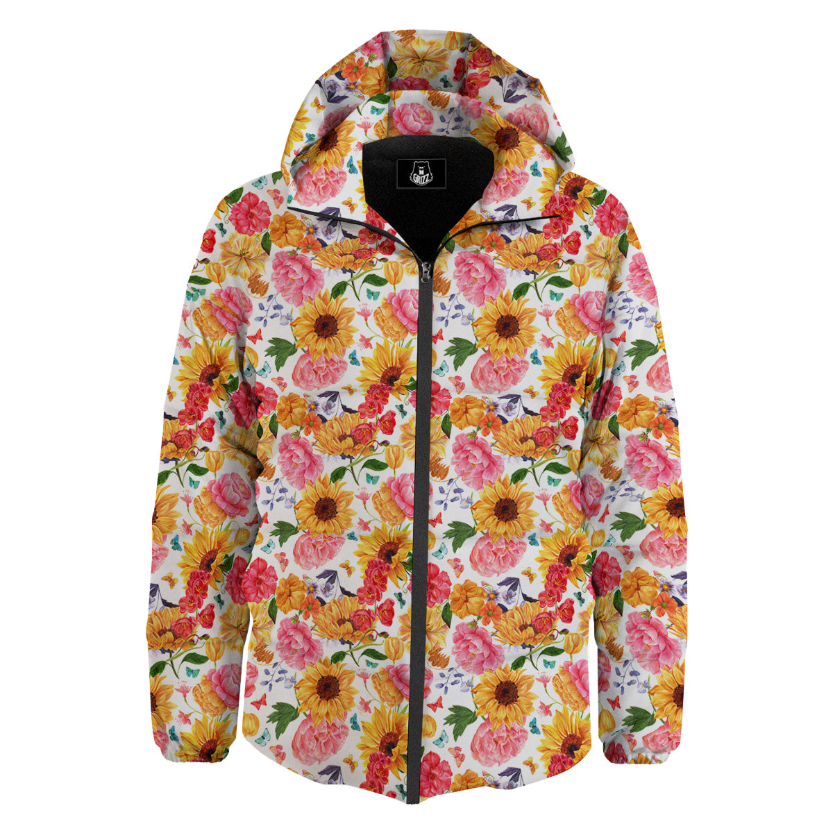 Butterfly Sunflowers Peonies Print Pattern Down Jacket-grizzshop