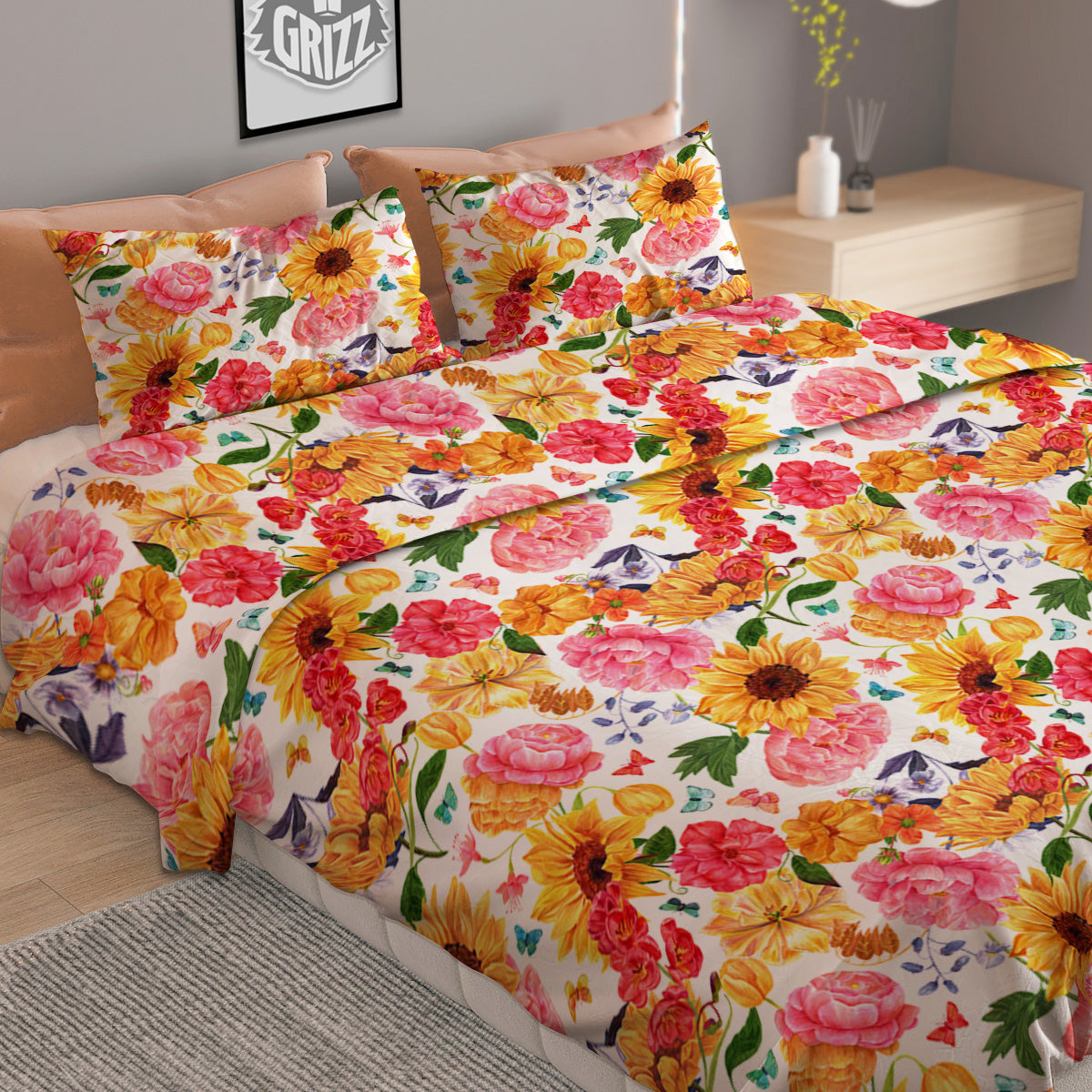 Butterfly Sunflowers Peonies Print Pattern Duvet Cover Bedding Set-grizzshop