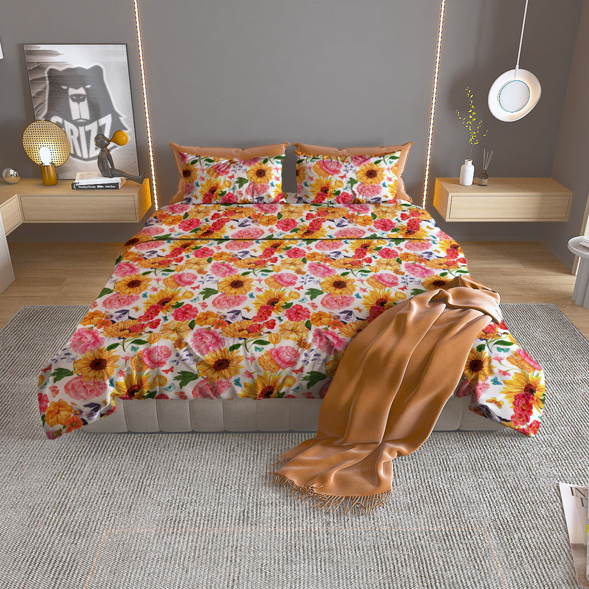 Butterfly Sunflowers Peonies Print Pattern Duvet Cover Bedding Set-grizzshop