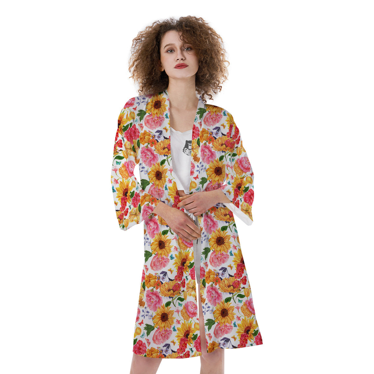 Butterfly Sunflowers Peonies Print Pattern Kimono-grizzshop