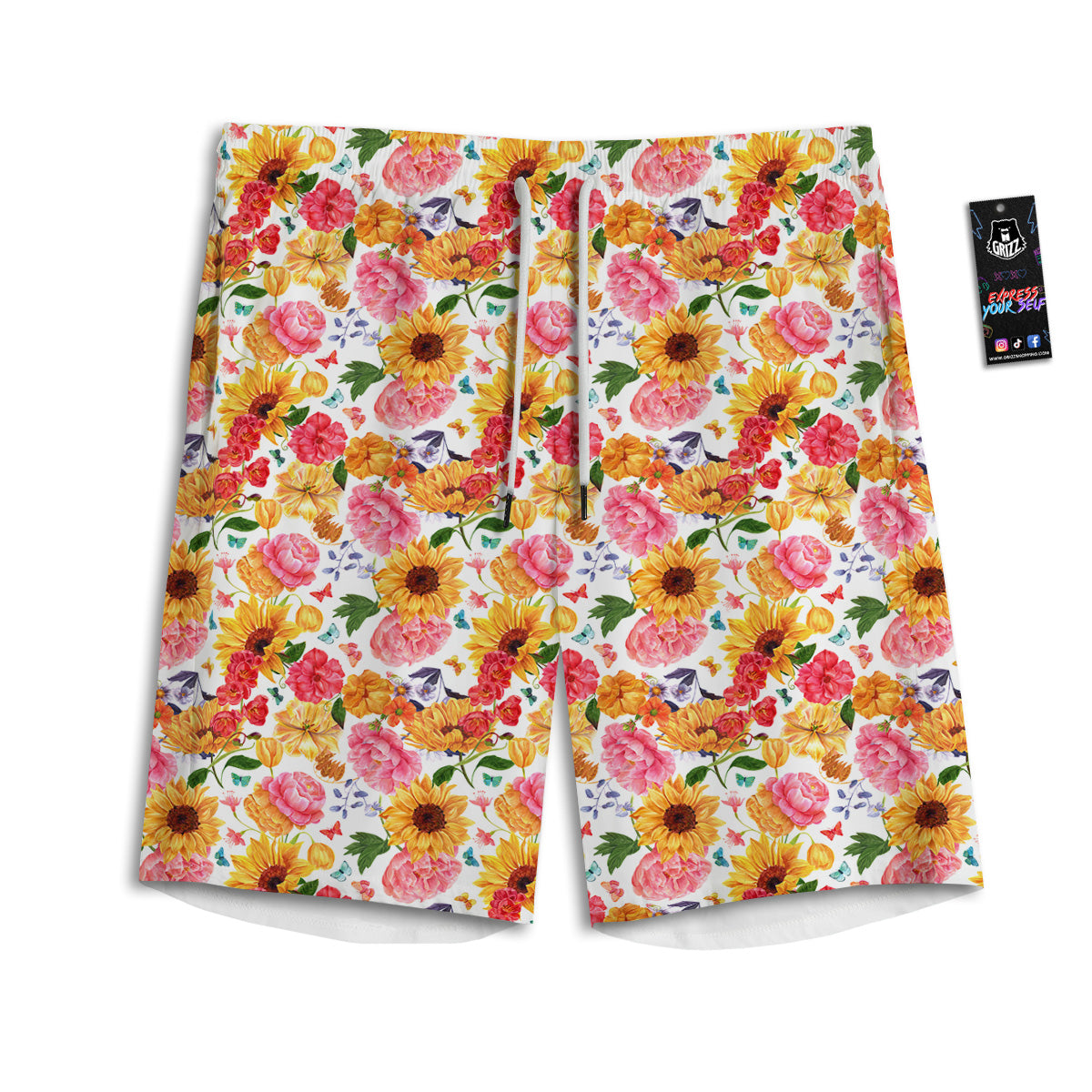 Butterfly Sunflowers Peonies Print Pattern Men's Athletic Shorts
