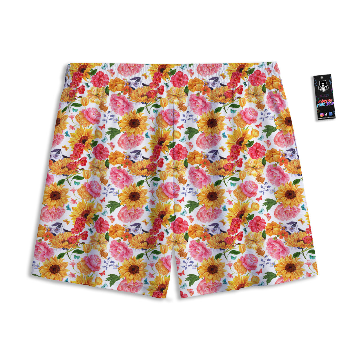 Butterfly Sunflowers Peonies Print Pattern Mesh Shorts-grizzshop