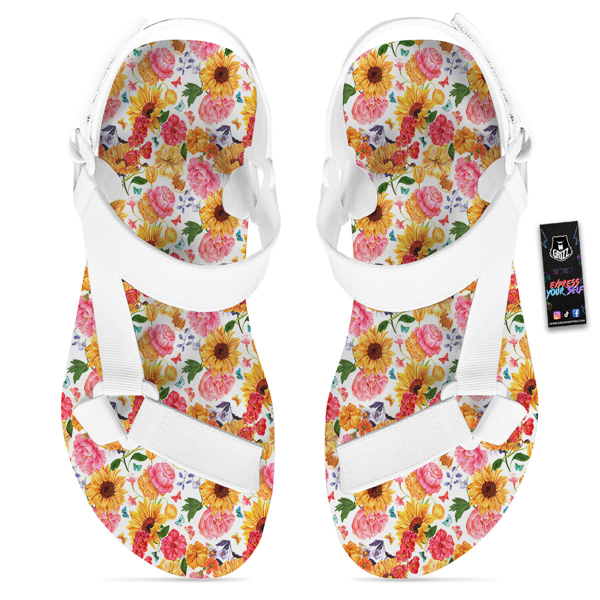 Butterfly Sunflowers Peonies Print Pattern White Open Toe Sandals-grizzshop